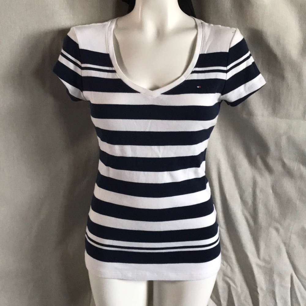 Tommy Hilfiger V-Neck Top Navy and White striped